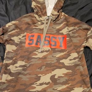camo hoodie with black and red lettering